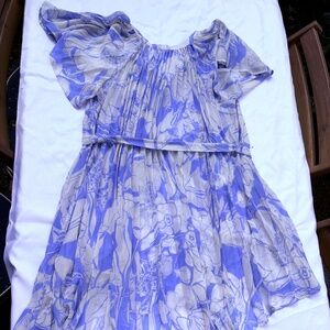 Anthropologie Sheer Blue and White Floral Pleated Tie Waist Dress Sz XS
